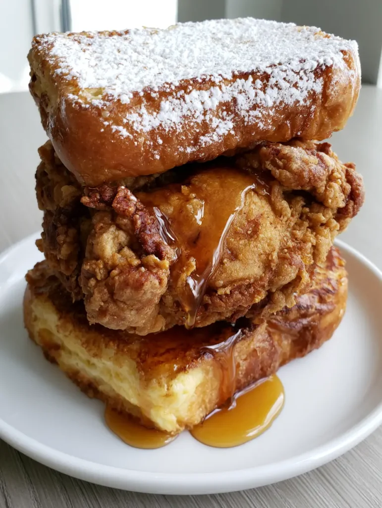 Craggy buttermilk fried chicken piece for a French Toast Fried Chicken Sandwich.