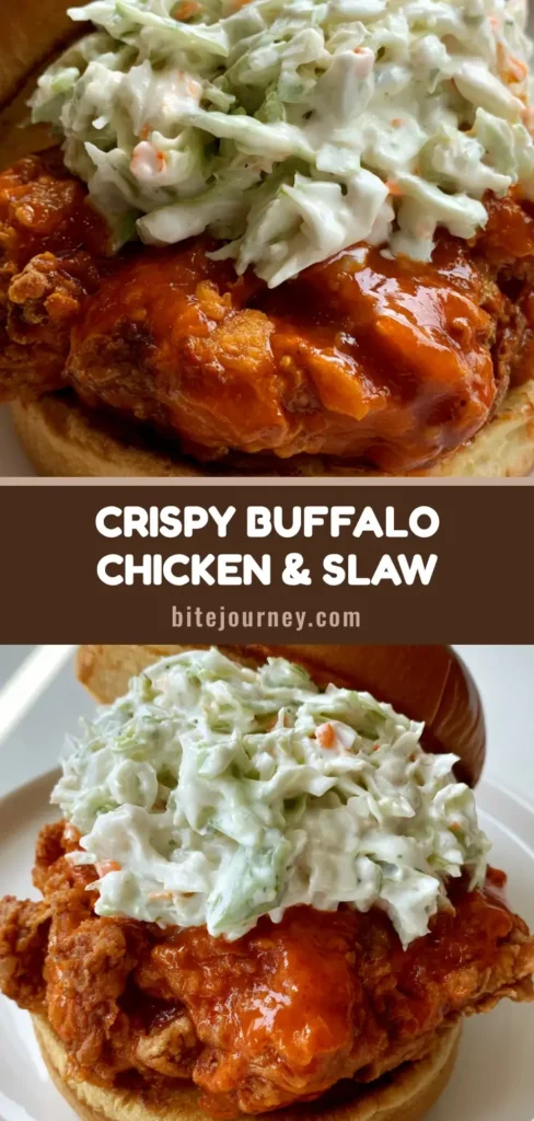 A gourmet Buffalo Chicken Sandwich on a white ceramic plate featuring extra-crispy chicken in glossy orange sauce and creamy ranch slaw.