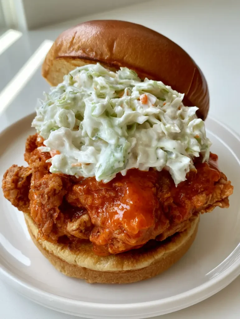 Overhead view of a crispy fried buffalo chicken breast being assembled on a toasted brioche bun with creamy ranch dressing slaw.