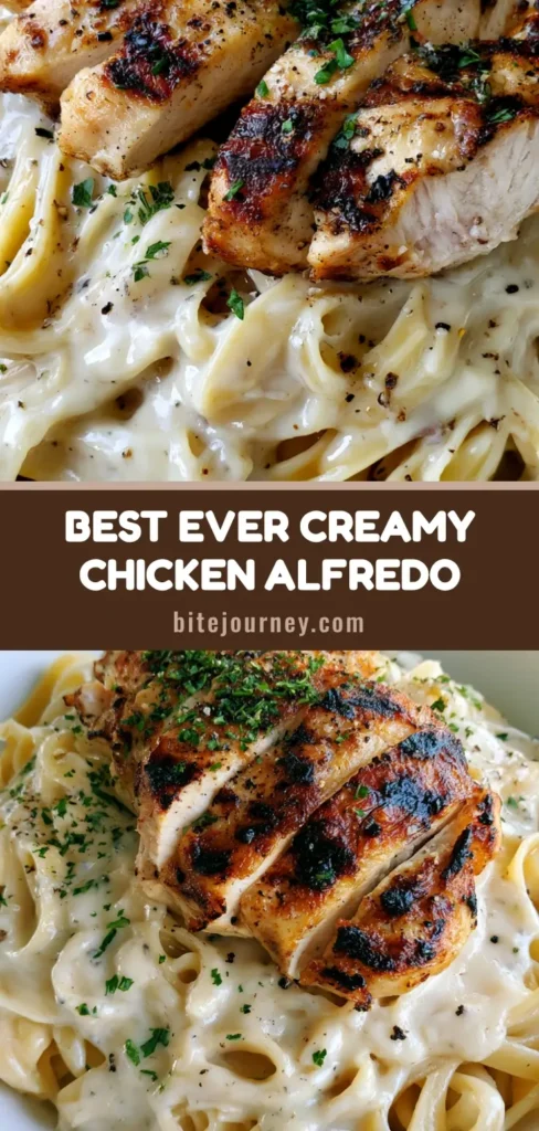A shallow white bowl filled with wide fettuccine noodles in a thick, glossy garlic parmesan sauce, topped with sliced seared chicken breast, fresh green parsley, and cracked black pepper. (Creamy Chicken Alfredo)