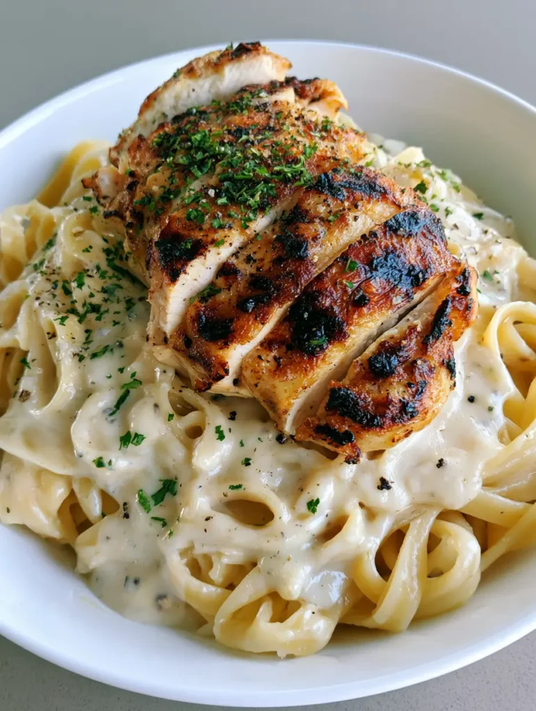 Close-up of velvety white Alfredo sauce coating fettuccine pasta with minced parsley. (Creamy Chicken Alfredo)