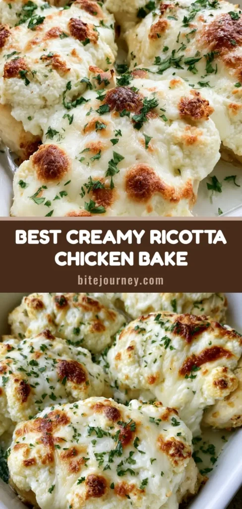 A close-up of golden-brown Creamy Baked Ricotta Chicken in a white ceramic dish with melted mozzarella and fresh parsley.