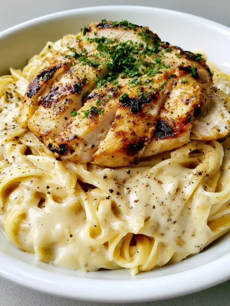Slices of pan-seared chicken breast with dark char marks resting on a bed of creamy fettuccine. (Creamy Chicken Alfredo)