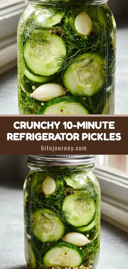 A tall glass mason jar filled with thick-cut Refrigerator Pickles, fresh dill sprigs, and garlic cloves on a grey stone surface.