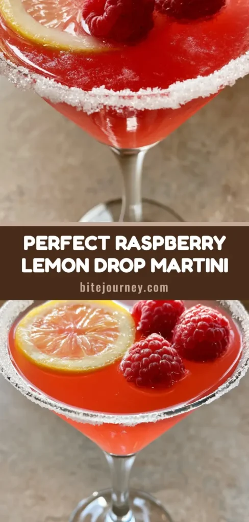 A vibrant Raspberry Lemon Drop Martini in a chilled glass with a sugar rim and floating raspberries.
