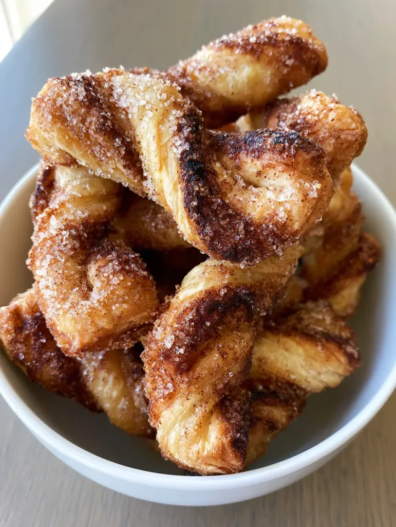Air Fryer Cinnamon Sugar Twists: The Ultimate Flaky 10-Minute Dessert 2 Handheld photo of a pile of Air Fryer Cinnamon Sugar Twists in a white bowl showing crispy, charred caramelized edges.
