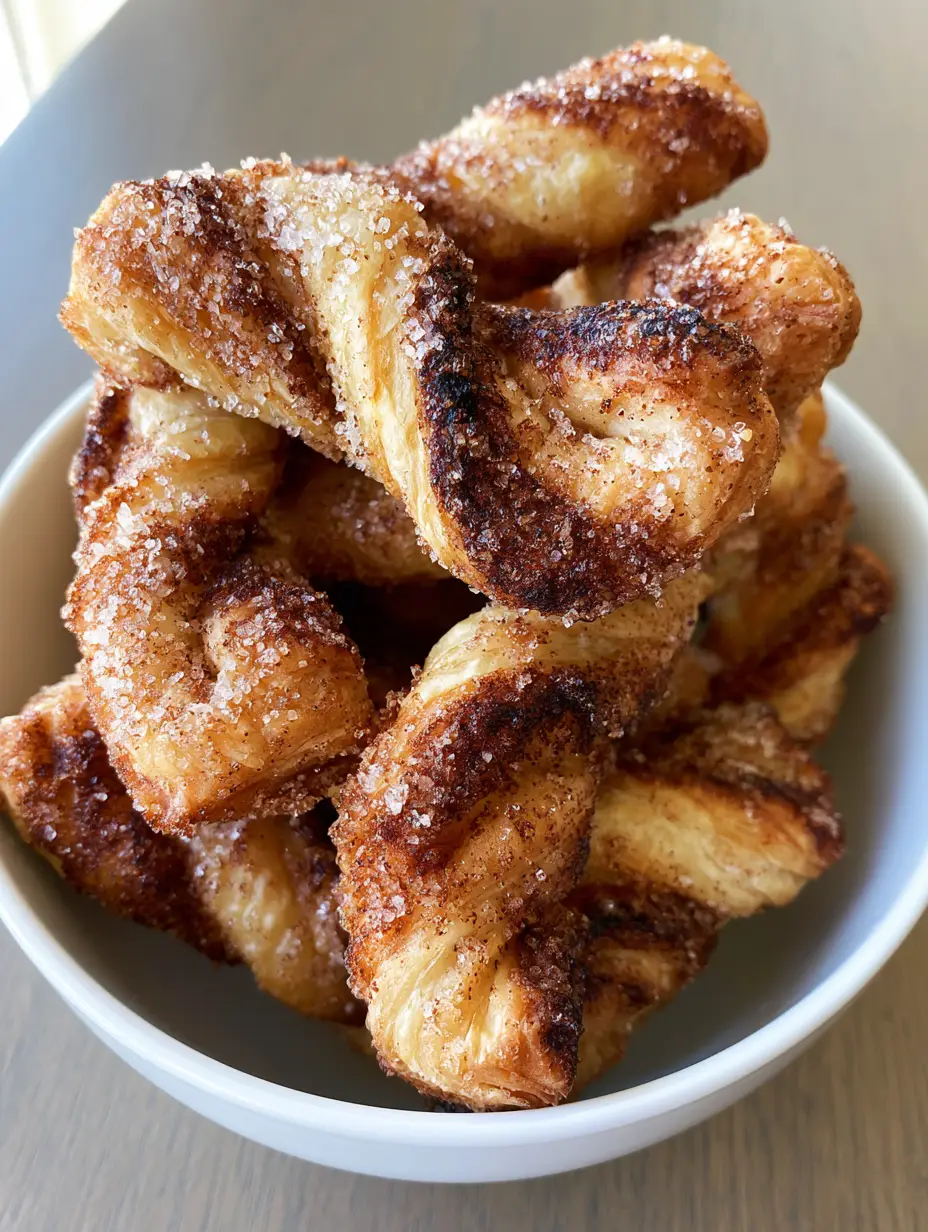 Handheld photo of a pile of Air Fryer Cinnamon Sugar Twists in a white bowl showing crispy, charred caramelized edges.