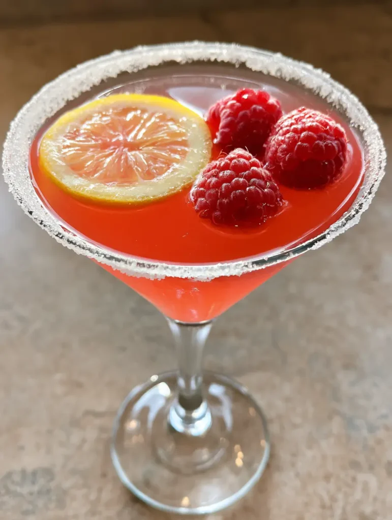 Overhead shot of a pink-red Raspberry Lemon Drop Martini on a stone countertop.