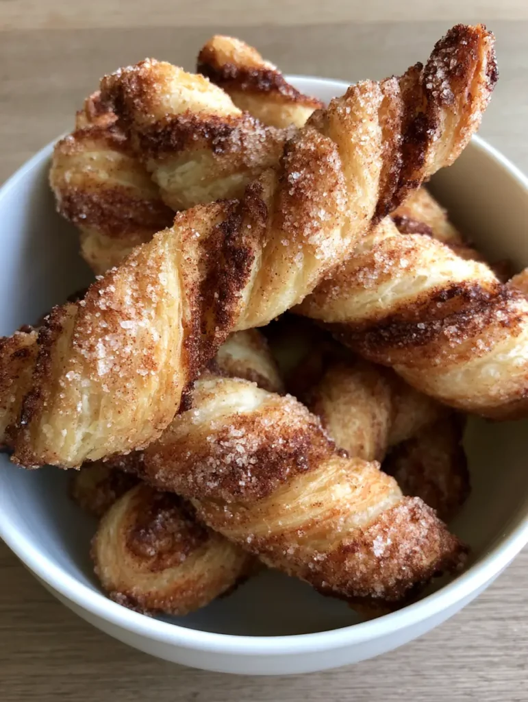 Air Fryer Cinnamon Sugar Twists: The Ultimate Flaky 10-Minute Dessert 1 Close-up of the flaky twisted pastry dough with visible granulated white sugar and dark brown cinnamon.