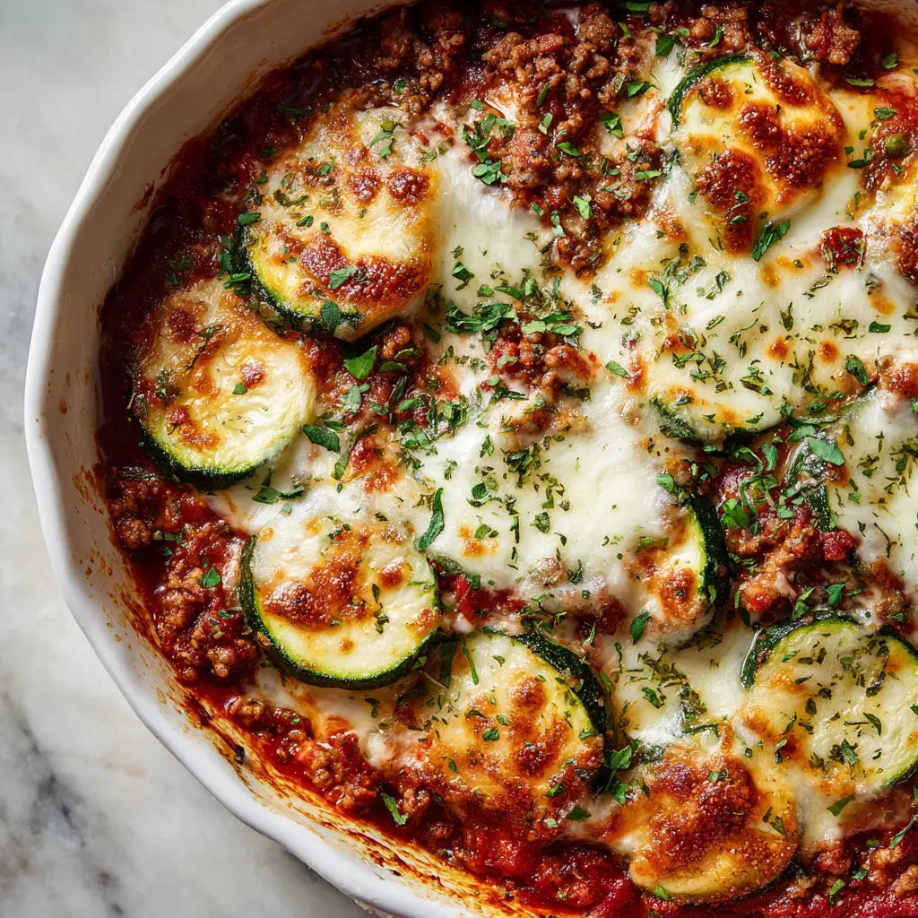 Top-down view of Ground Turkey Zucchini Casserole showing thick zucchini rounds and chunky tomato sauce.