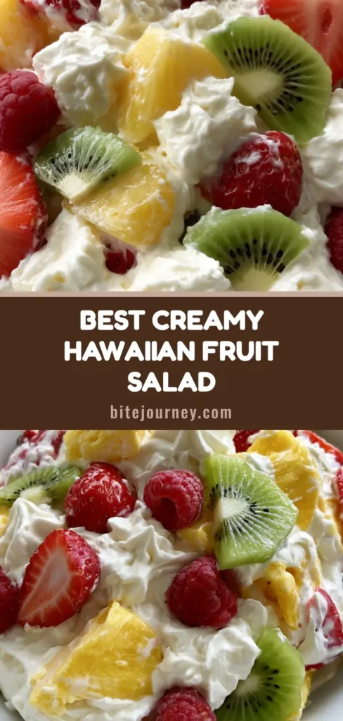 A close-up vertical shot of Hawaiian Cheesecake Salad featuring thick ivory cheesecake whipped cream, golden pineapple chunks, sliced strawberries, and vibrant kiwi half-moons.
