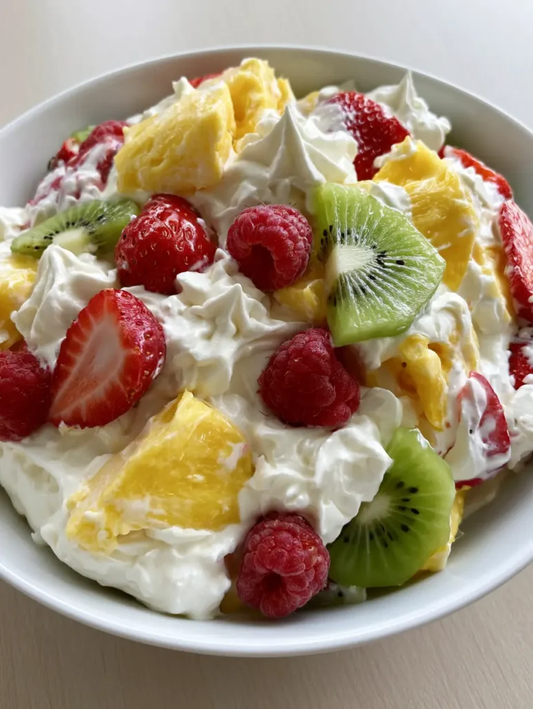 A large white porcelain bowl filled with Hawaiian Cheesecake Salad, showing thick cheesecake whipped cream and fresh fruit like raspberries and pineapple. (Hawaiian Cheesecake Salad)
