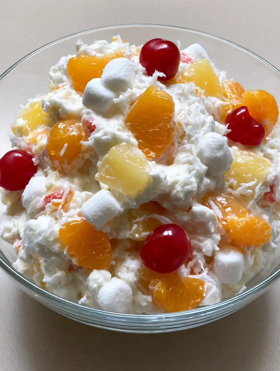 Close up of creamy Ambrosia Fruit Salad with visible marshmallows and coconut strands. (Ambrosia Fruit Salad)