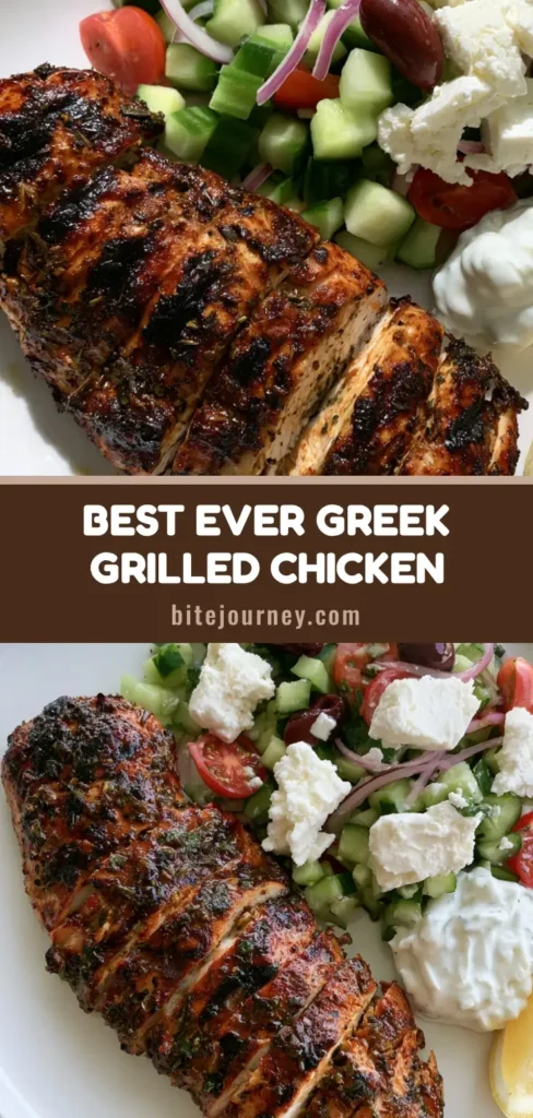 A top-down view of sliced Greek Grilled Chicken with dark grill marks next to a salad of feta, olives, and tomatoes on a white plate.