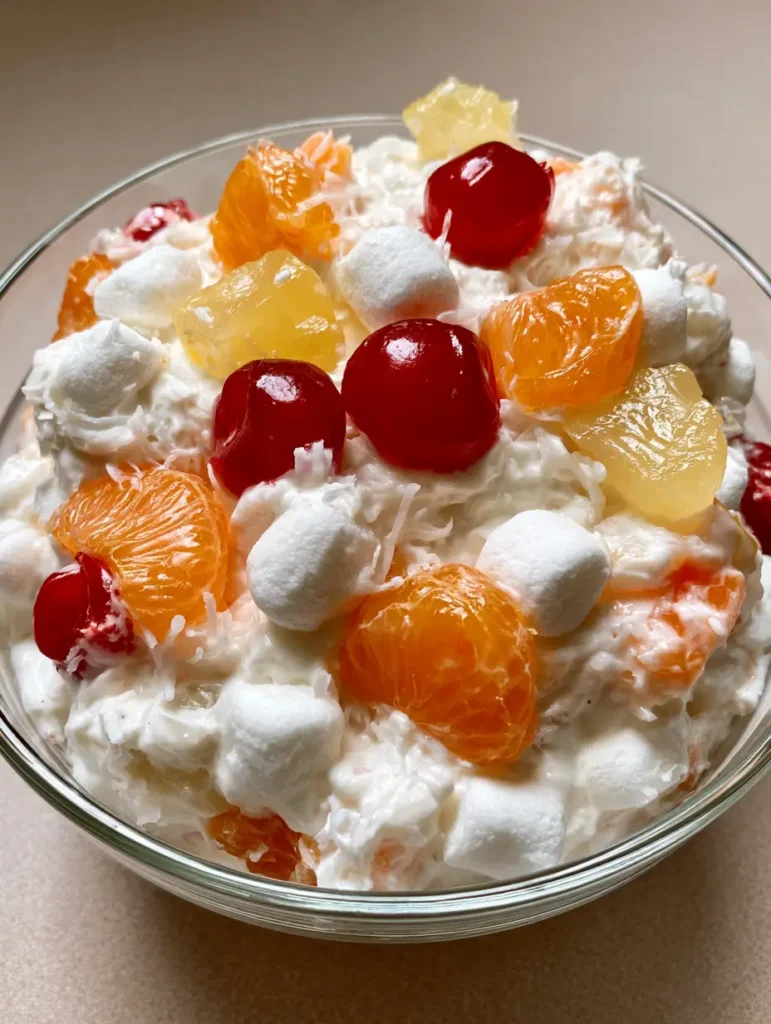 Overhead view of Ambrosia Fruit Salad showing mandarin oranges and bright red cherries.