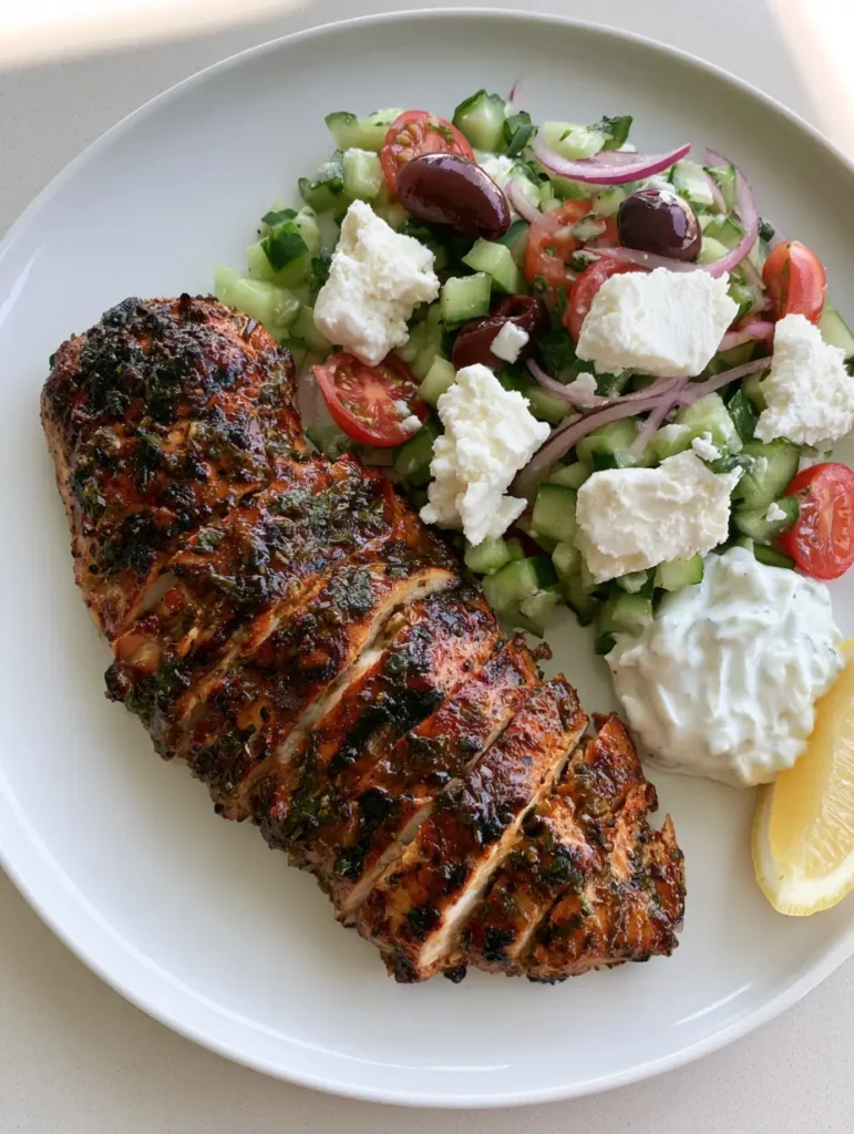 Greek Grilled Chicken sliced thin on a white plate with fresh lemon wedges and kalamata olives.