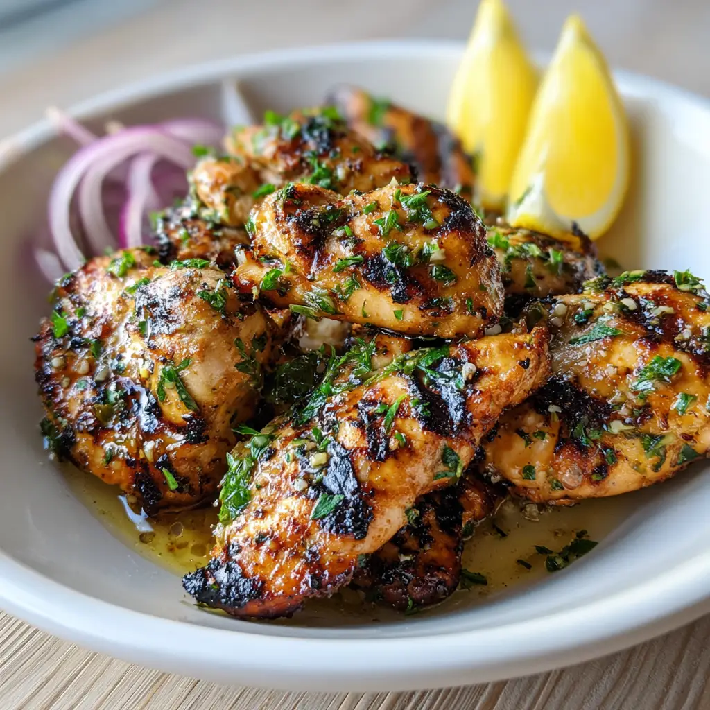 A handheld smartphone photo showing glistening Mediterranean Chicken Marinade pieces in a white bowl with lemon wedges. (Mediterranean Chicken Marinade)
