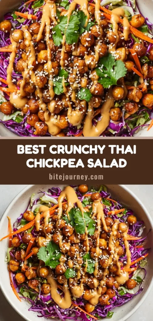 A top-down view of a Thai Chickpea Salad with shredded purple cabbage, crispy roasted chickpeas, and a zigzag drizzle of peanut sauce.