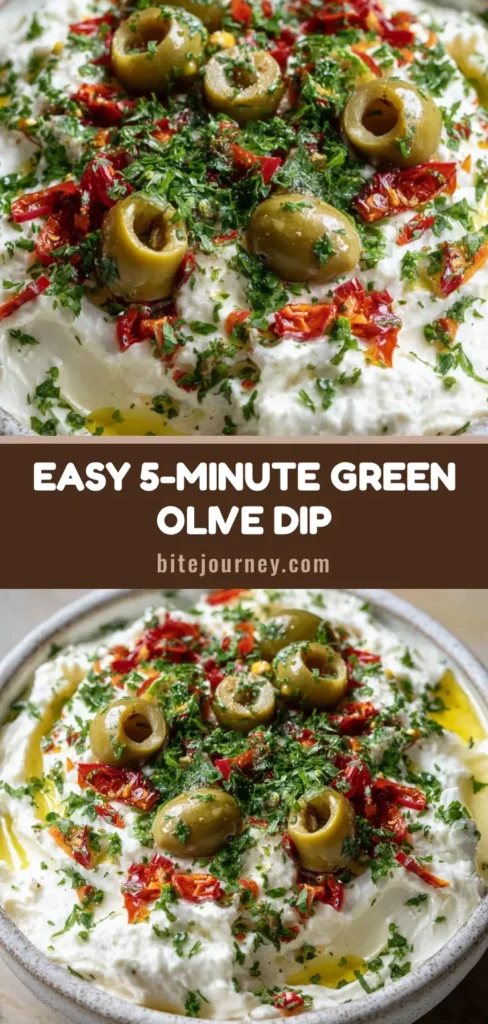 A shallow ceramic bowl with thick whipped feta and cream cheese topped with sliced green olives, roasted red peppers, and parsley. (Creamy Green Olive Dip)
