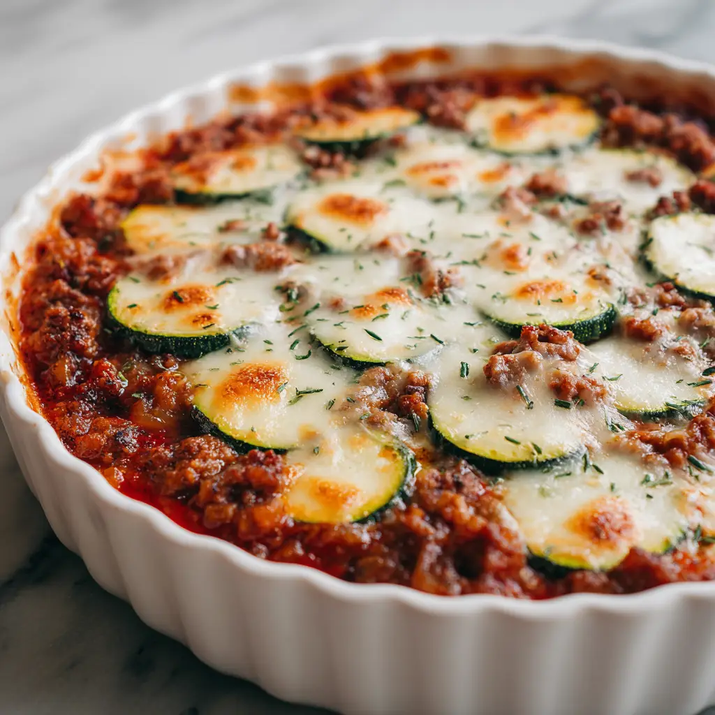 Slightly angled view of Ground Turkey Zucchini Casserole highlighting the bubbly textures and golden-brown spots.
