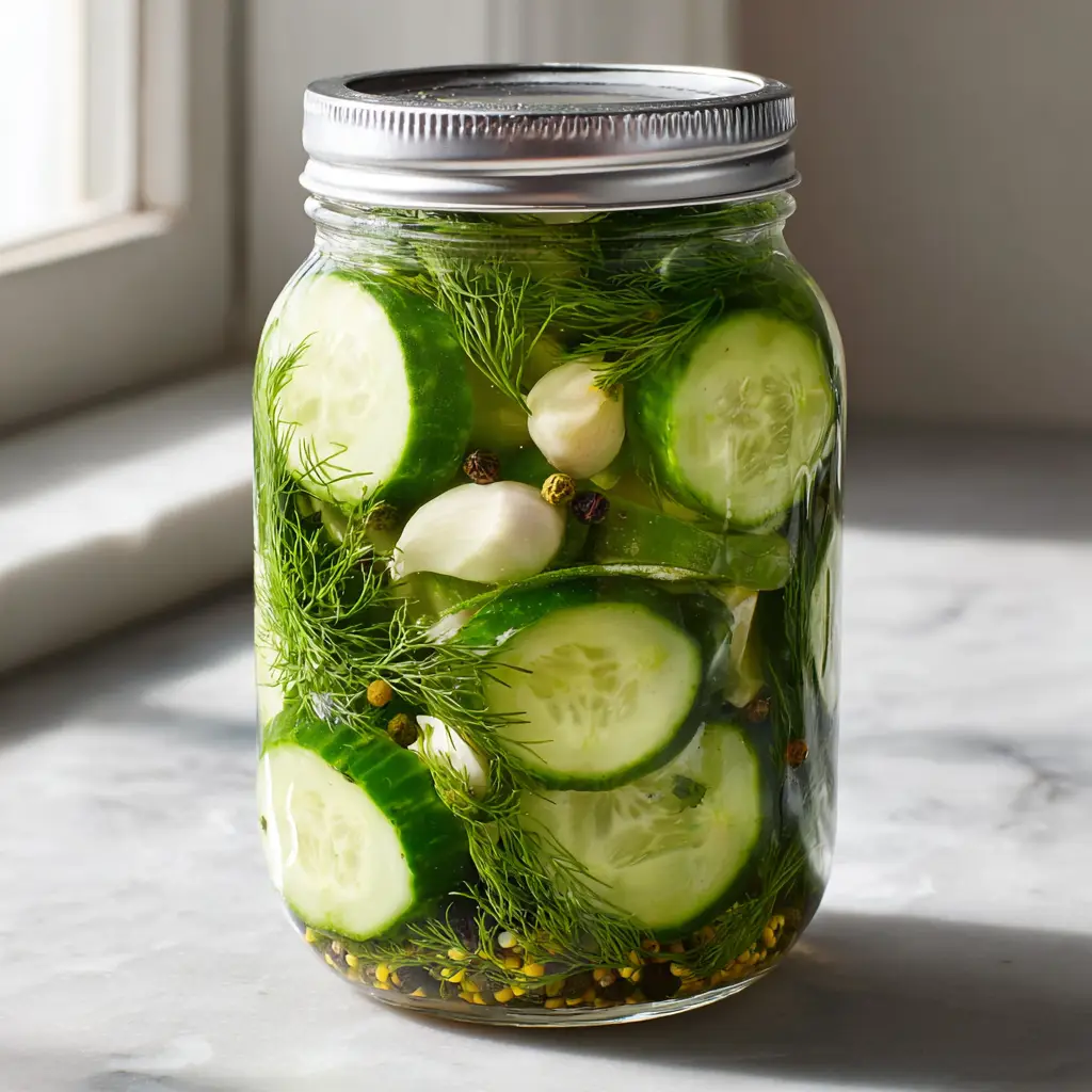 Close up of thick-cut circular cucumber slices in a translucent brine with yellow mustard seeds and dill. (Refrigerator Pickles)