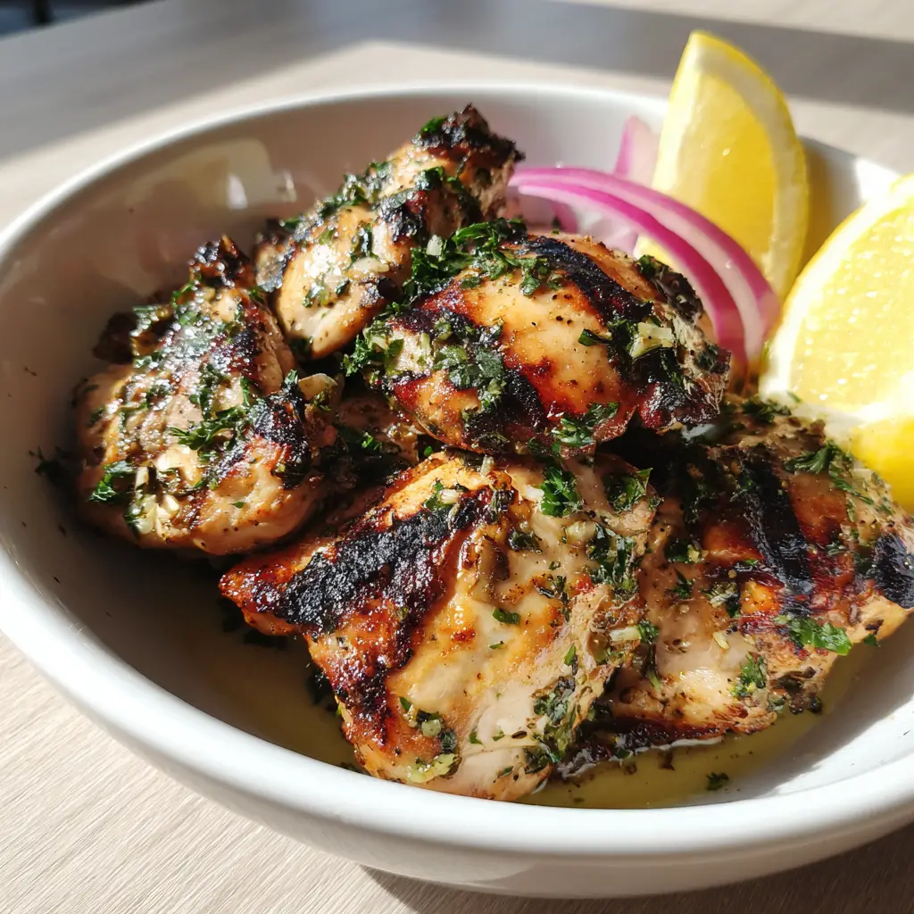 Close up shot of charred chicken skin with garlic bits and dried oregano flakes.