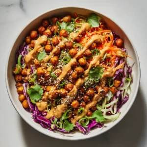 Close up of shredded cabbage and crispy roasted chickpeas in a white ceramic bowl. (Thai Chickpea Salad)