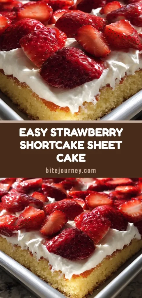 A rectangular Strawberry Shortcake Sheet Cake in a silver metal pan with thick whipped cream and overlapping strawberry slices.