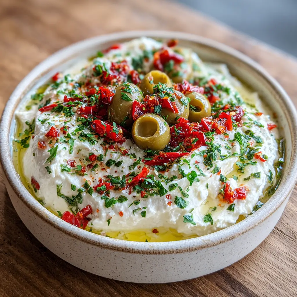 A handheld smartphone photo showing the creamy texture of the Whipped Feta and Green Olive Dip in soft daylight. (Creamy Green Olive Dip)