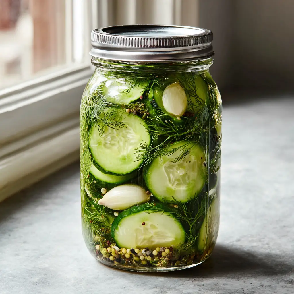 Side view of a mason jar packed with cucumbers, garlic, and fresh dill. (Refrigerator Pickles)