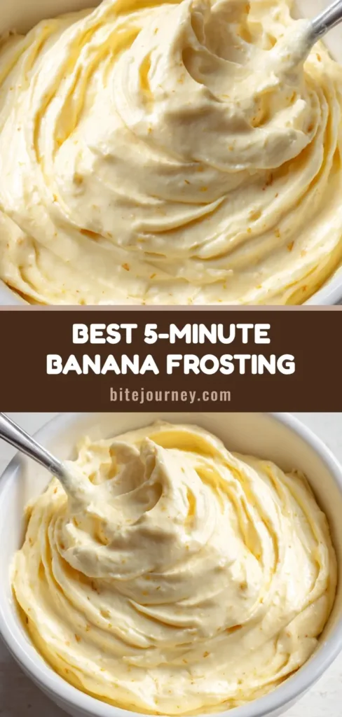 A close-up of thick Banana Pudding Frosting in a white ceramic bowl with a silver spoon lifting a smooth dollop.