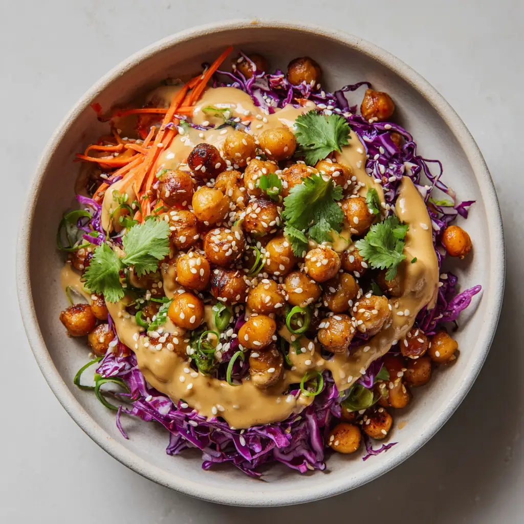 Overhead view of Thai Chickpea Salad with orange carrots and green scallions on a gray stone background.