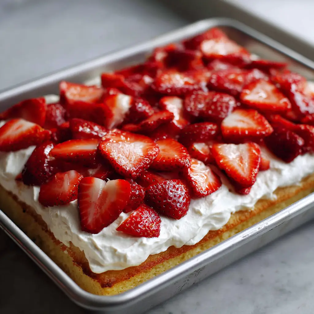 Overhead view of a golden-yellow Strawberry Shortcake Sheet Cake with bright white frosting and glossy red berries.