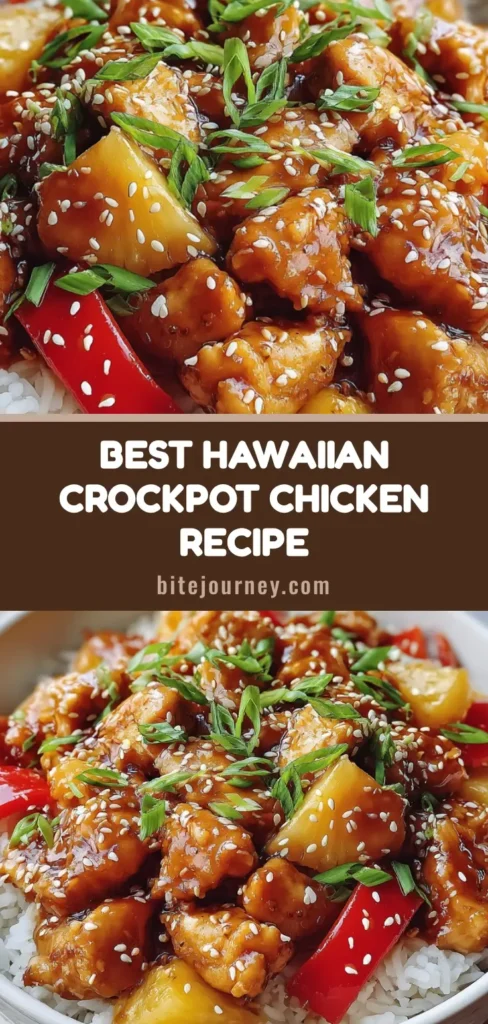 A top-down view of Sweet Hawaiian Crockpot Chicken over white rice in a white bowl, garnished with sesame seeds and scallions.