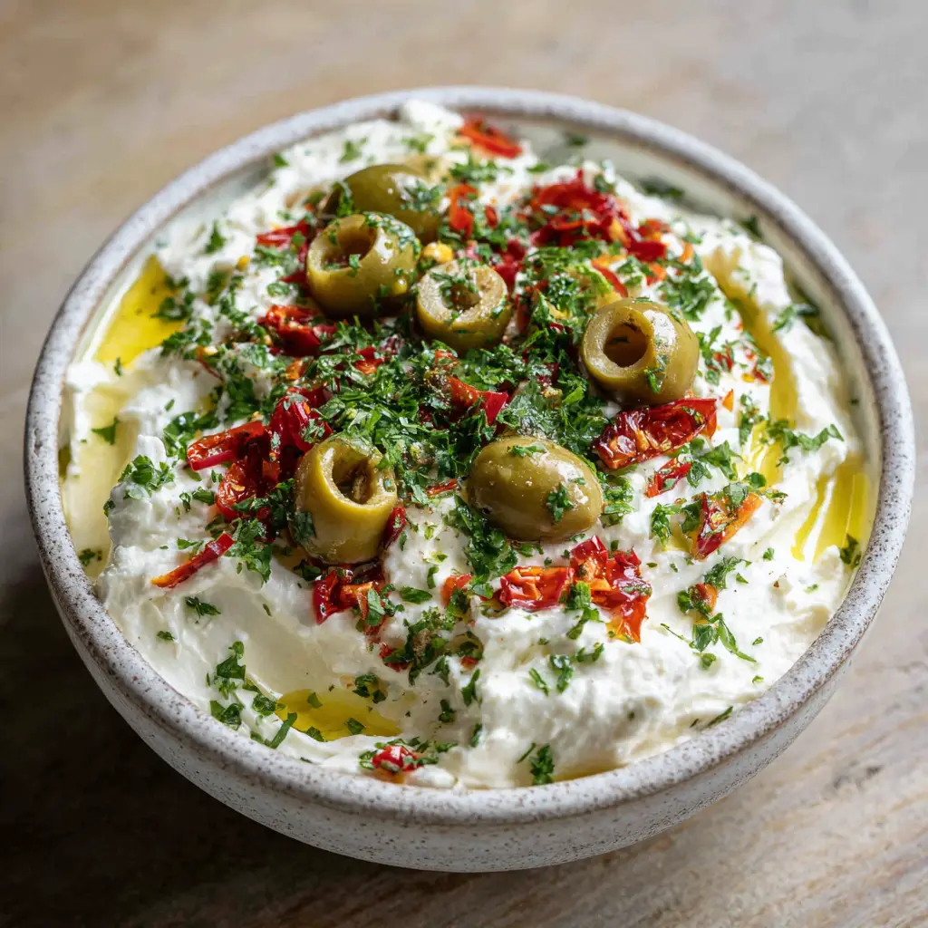 Close up shot of sliced green pimento olives and red peppers on a bed of whipped white cheese. (Creamy Green Olive Dip)