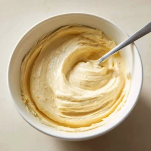 Close-up high-angle shot of Banana Pudding Frosting with stiff peaks and smooth dairy swirls in a white ceramic bowl.