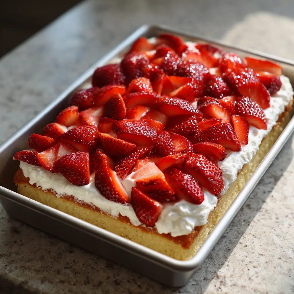 Close up of the overlapping strawberry slices on a Strawberry Shortcake Sheet Cake showing the thick whipped cream.