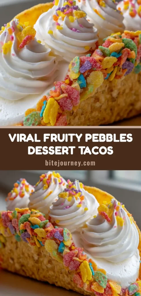 A vibrant Pinterest-ready close-up of Fruity Pebbles Cheesecake Tacos with three white whipped cream dollops.