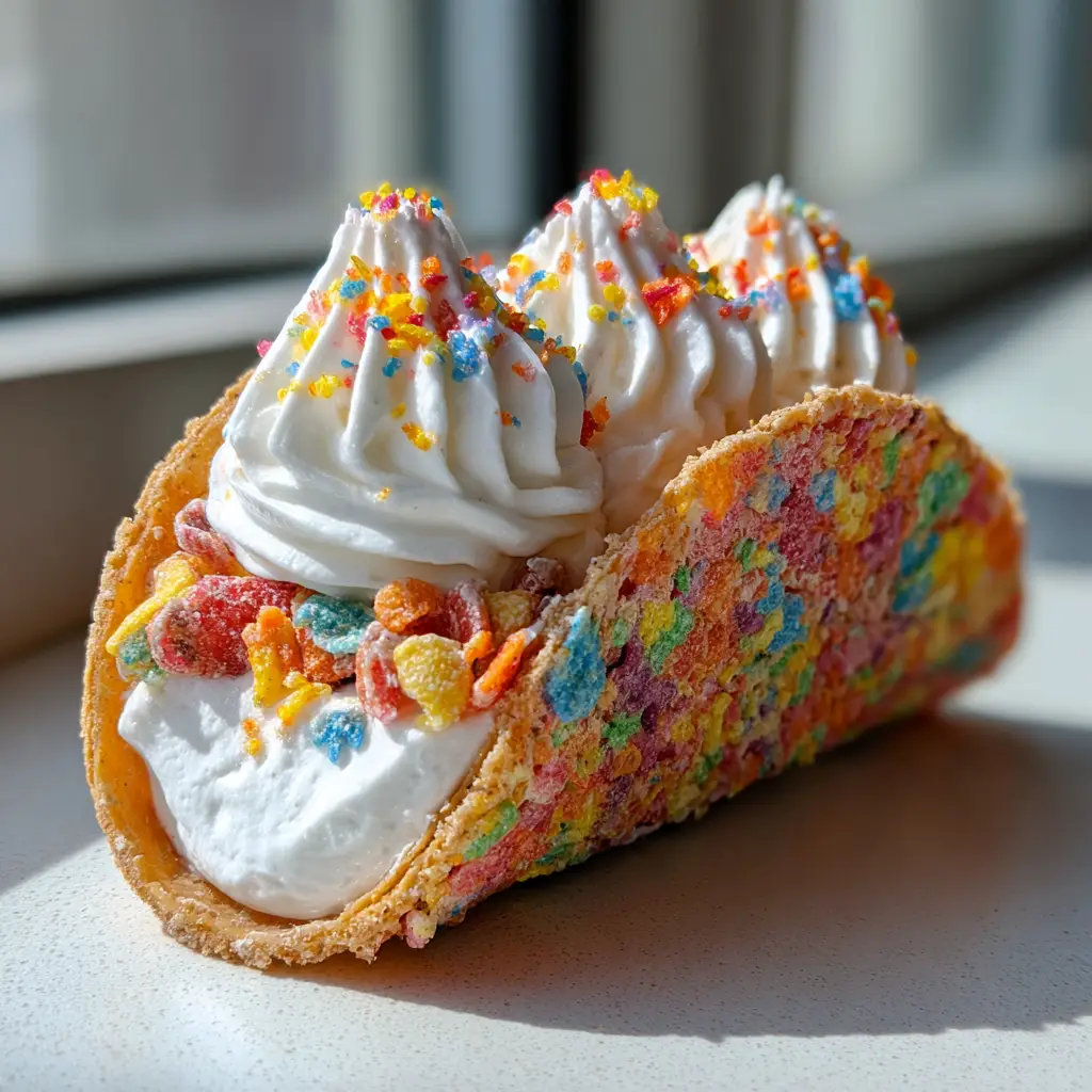 Detailed view of the cereal taco shell showing the translucent sugary glaze. (Fruity Pebbles Cheesecake Tacos)