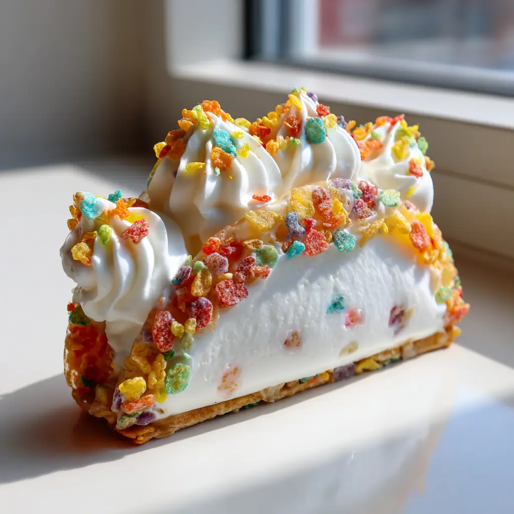 Side view of a Fruity Pebbles Cheesecake Taco resting on a neutral surface with soft natural lighting.