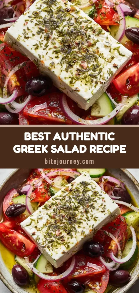 A rustic bowl of Authentic Greek Salad showing chunky tomato wedges, cucumber half-moons, and a thick block of feta dusted with oregano.