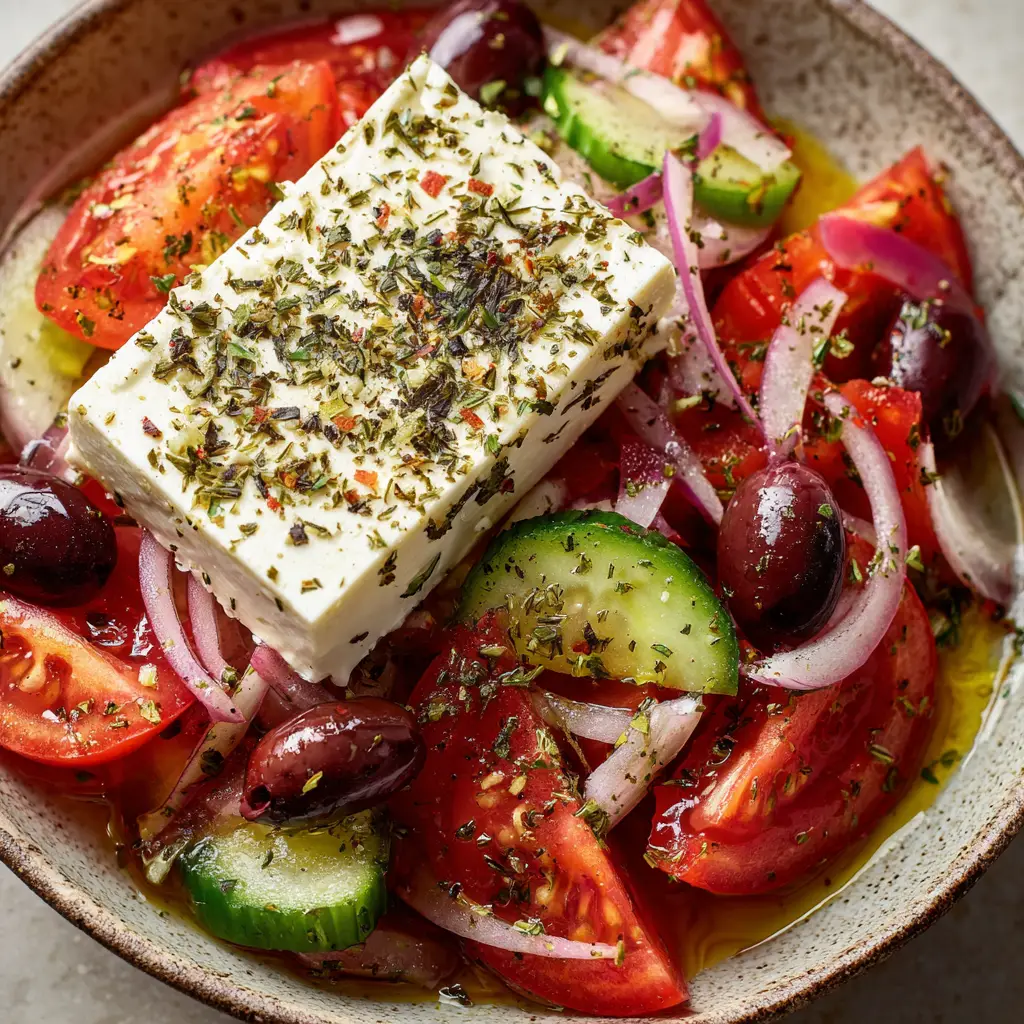 Smartphone photo of an Authentic Greek Salad in a ceramic bowl with golden olive oil pooling at the bottom.