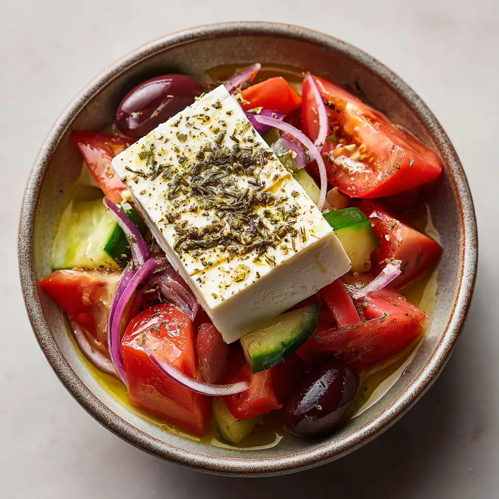 Close up of the thick block of feta cheese and dried oregano on an Authentic Greek Salad.