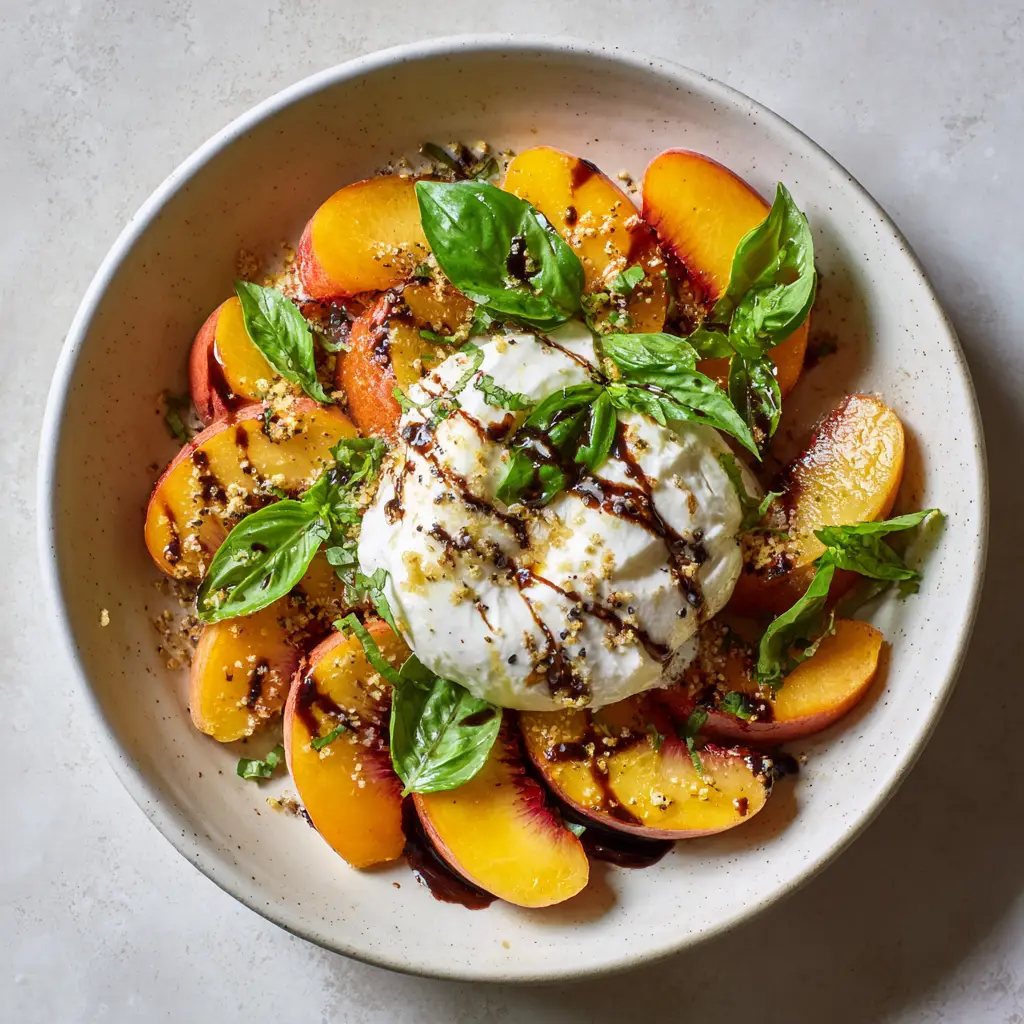 Side view of Peach Burrata Salad on a light tabletop with natural soft daylight.