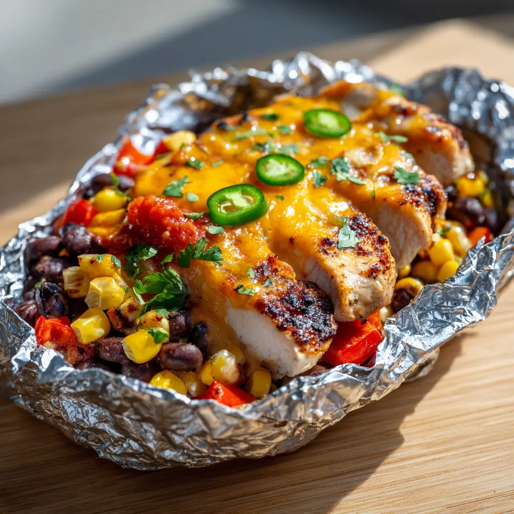 Close-up of juicy seared chicken breast in a foil packet with bubbly melted Monterey Jack and cheddar cheese. (Santa Fe Chicken Foil Packets)