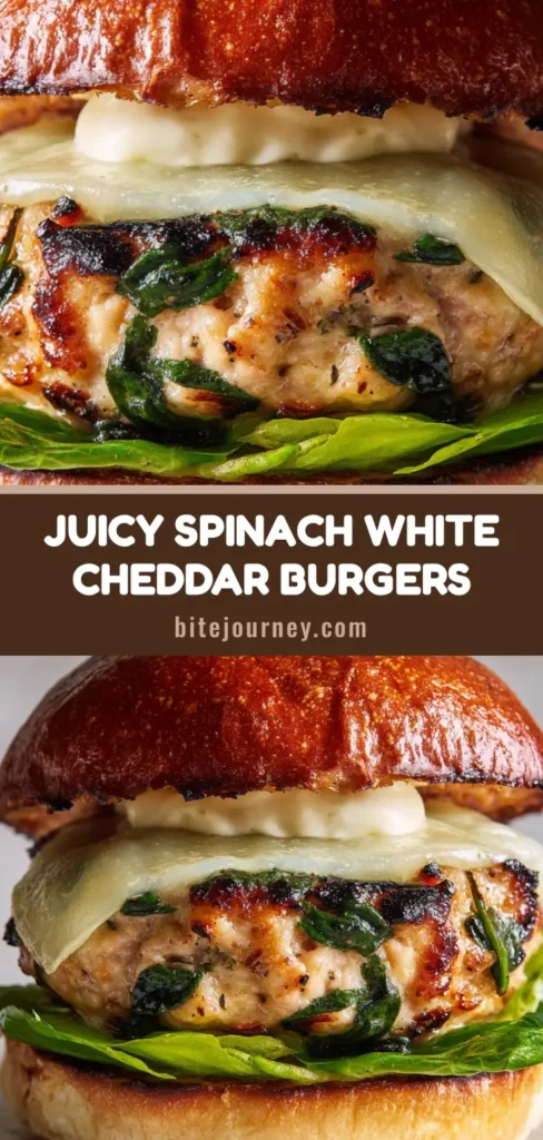 A close-up vertical shot of a White Cheddar Spinach Chicken Burger with melted cheese drips and toasted brioche bun.