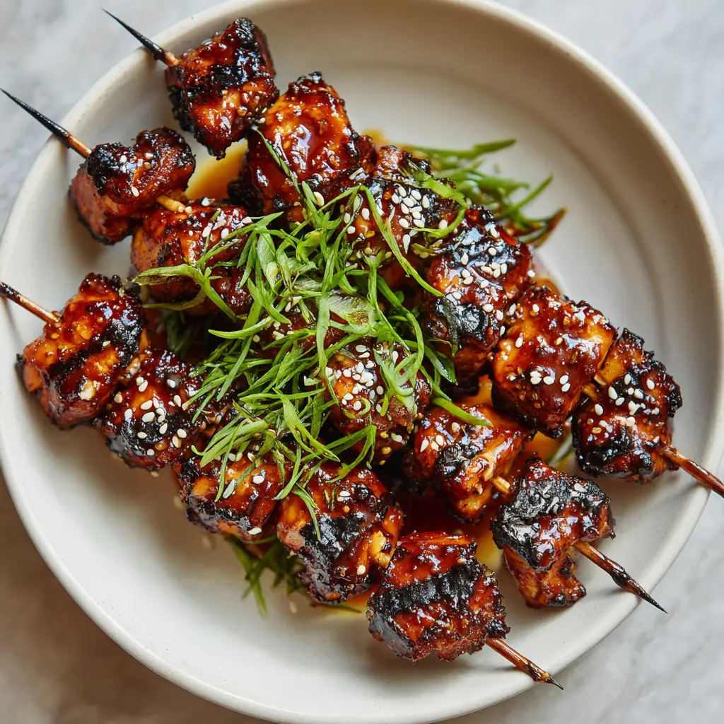 Top-down view of three grilled Honey Garlic Chicken Skewers with sesame seeds and green onions.
