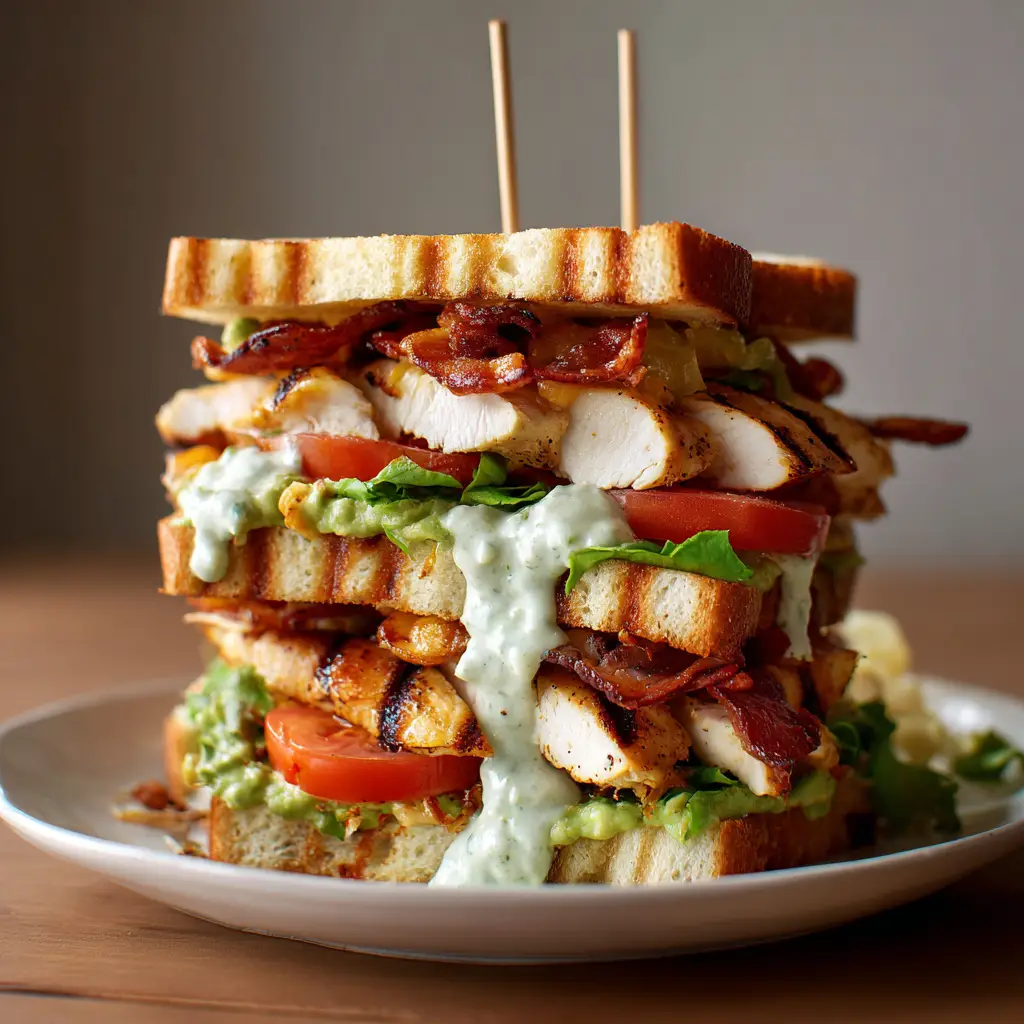 Close up of a Chicken Club Sandwich showing layers of tomato, lettuce, and thick-cut toasted white bread.