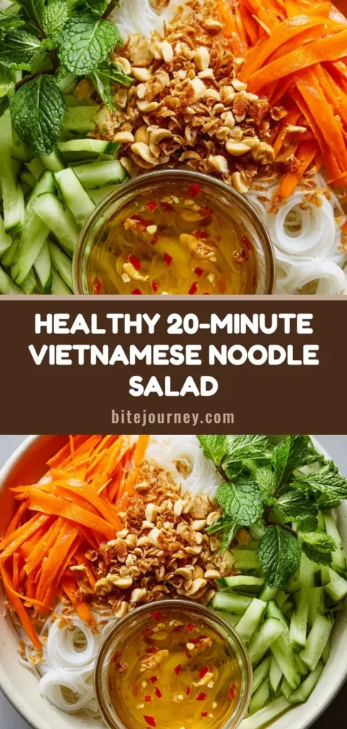 A colorful Vietnamese Noodle Salad in a ceramic bowl featuring white vermicelli, julienned carrots, cucumbers, mint, and cilantro, topped with peanuts and fried shallots.