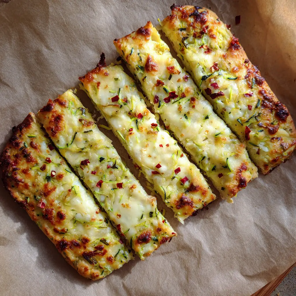 Close up shot of handheld cheesy zucchini breadsticks showing the shredded zucchini base and melted cheese. (Cheesy Zucchini Breadsticks)